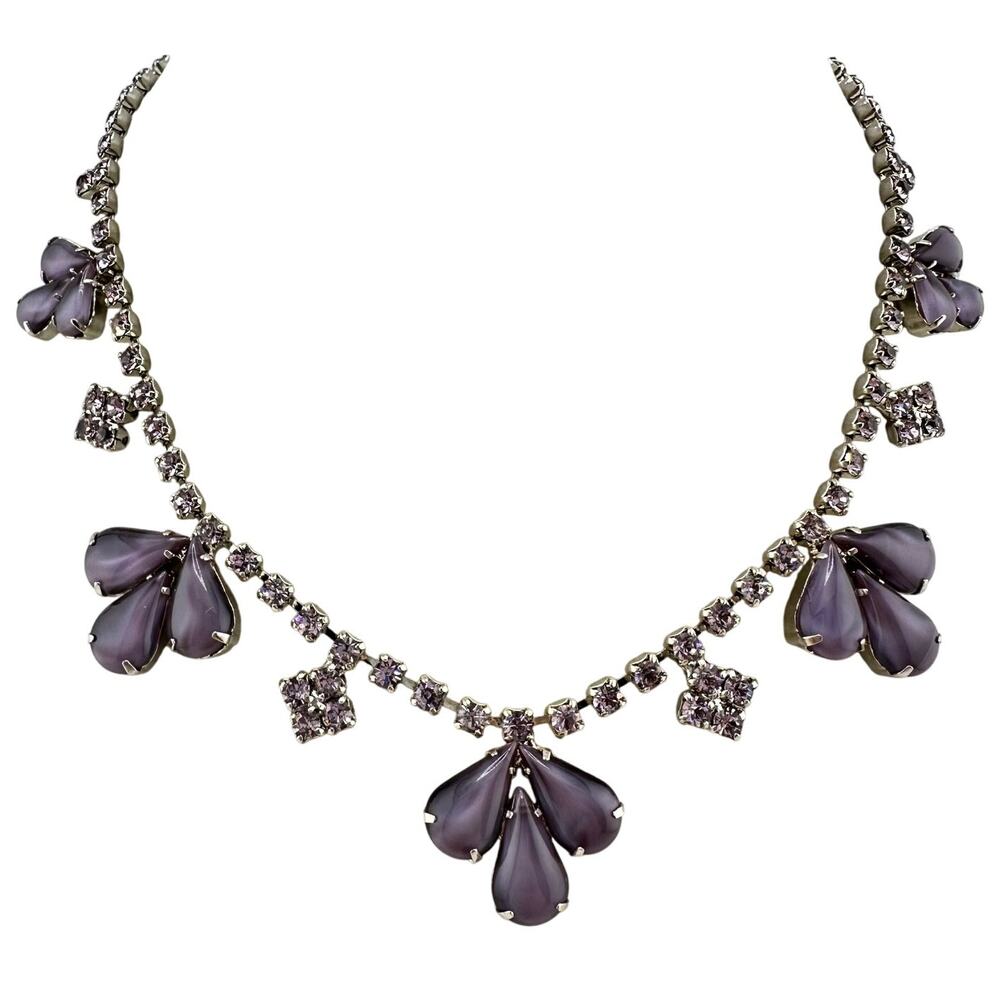 Vintage Purple Moonglow Glass 1950s 1960s Silver Tone Choker 14" Necklace